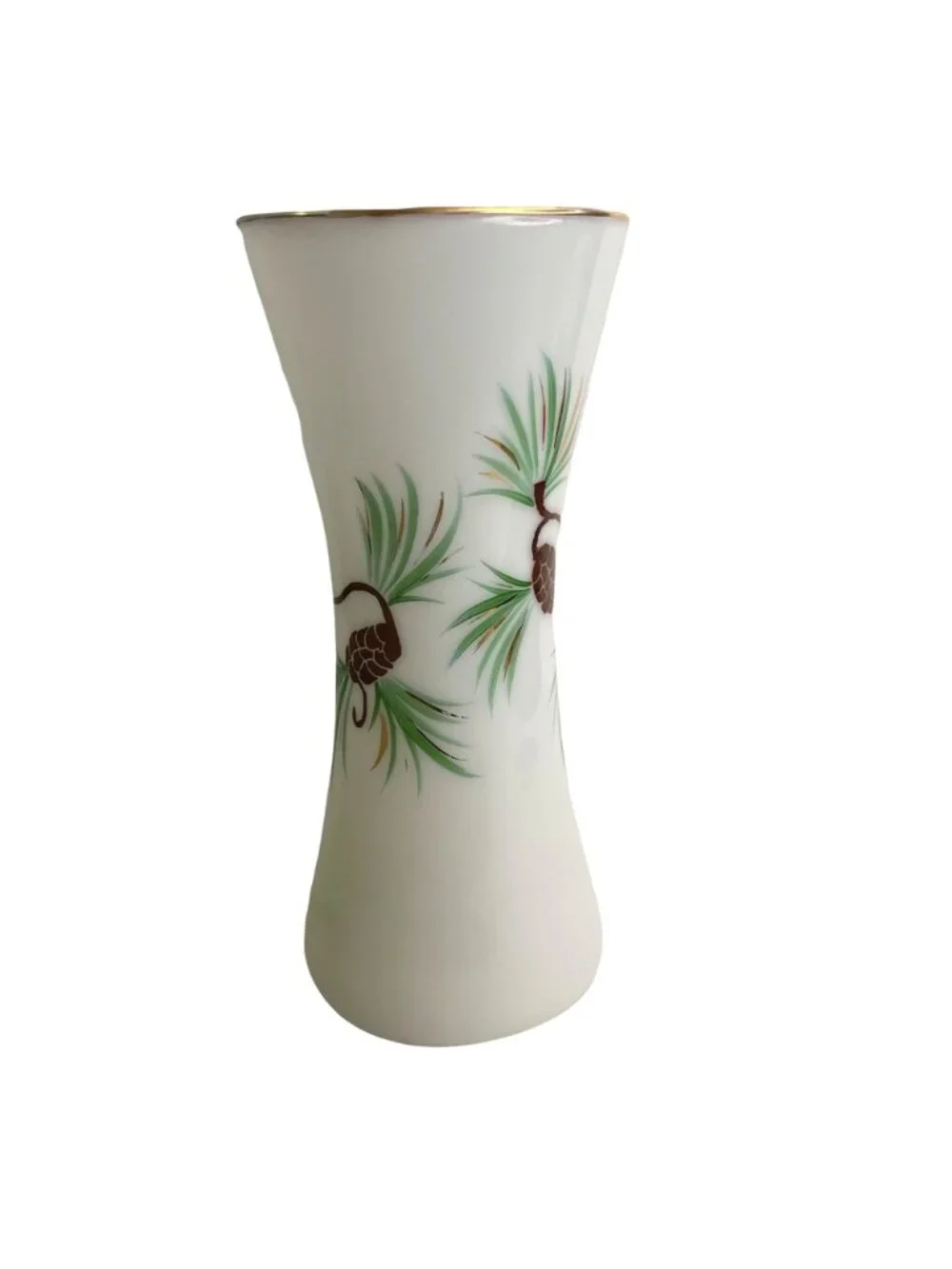Vintage Consolidated Glass White Satin Vase Hand Painted Pinecone Gold Rim 9.75